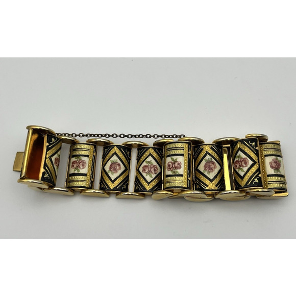 Vintage Damascene Link Bracelet Floral Pink Roses Black & Gold Tone Panels Chain - Picture 4 of 10